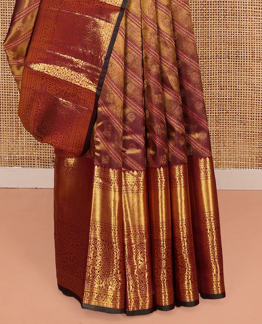 Maroon Kanchipuram Wedding Silk Saree, Mesmerized with Jacquard Design on Its Body, Highlighted by Zari Border of Thilakam Mokku, Rudraksham, Mayil Kann, and Chakram Designs, Grandly Woven Pallu, and Paired with a Matching Blouse - Image 4