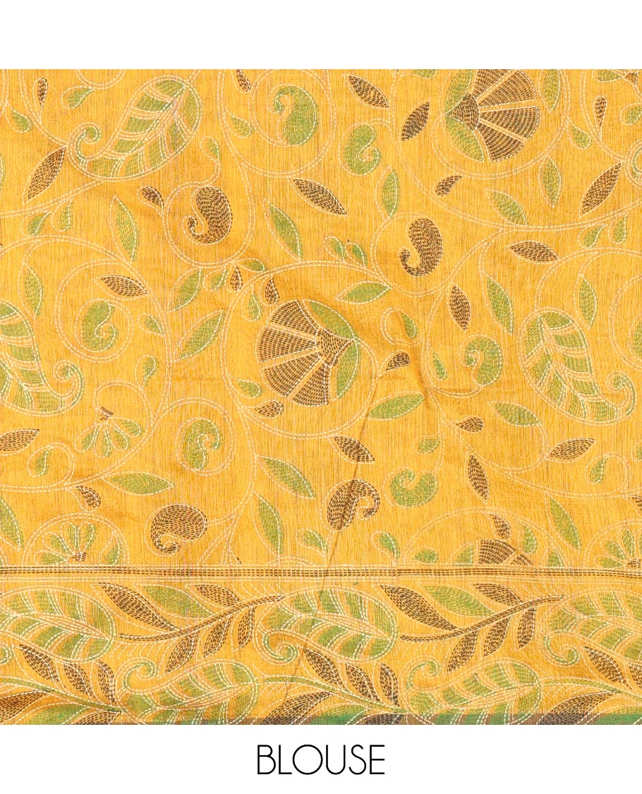 Maroon Khadi Cotton Saree Beautified with Kalamkari-Style Paisley-Floral Prints, Subtly Sparkled with Self-Border of Floral Creeper Designs, Complemented by Contrast Paisley-Floral Vine Pallu, and Paired with a Contrast Printed Blouse - Image 3