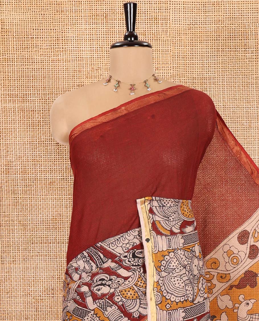 Maroon Kota Cotton Saree, Artfully Decked Up with Kalamkari-Style Human Figurines Printed on the Body, Subtle Piping Border, Pallu Pictures Kalamkari-Style Flora-Fauna Motifs, and Paired with a Contrast-Printed Blouse - Image 6