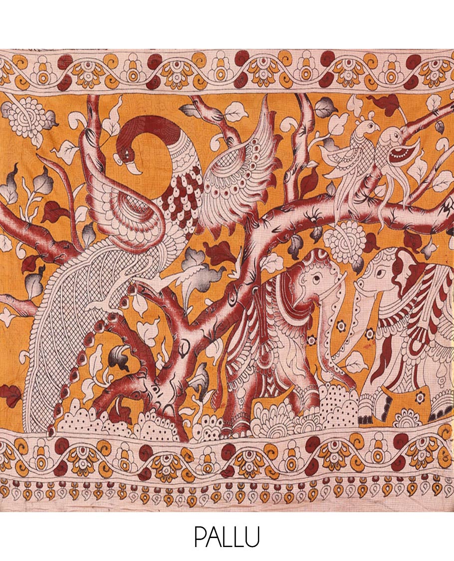 Maroon Kota Cotton Saree, Artfully Decked Up with Kalamkari-Style Human Figurines Printed on the Body, Subtle Piping Border, Pallu Pictures Kalamkari-Style Flora-Fauna Motifs, and Paired with a Contrast-Printed Blouse - Image 7