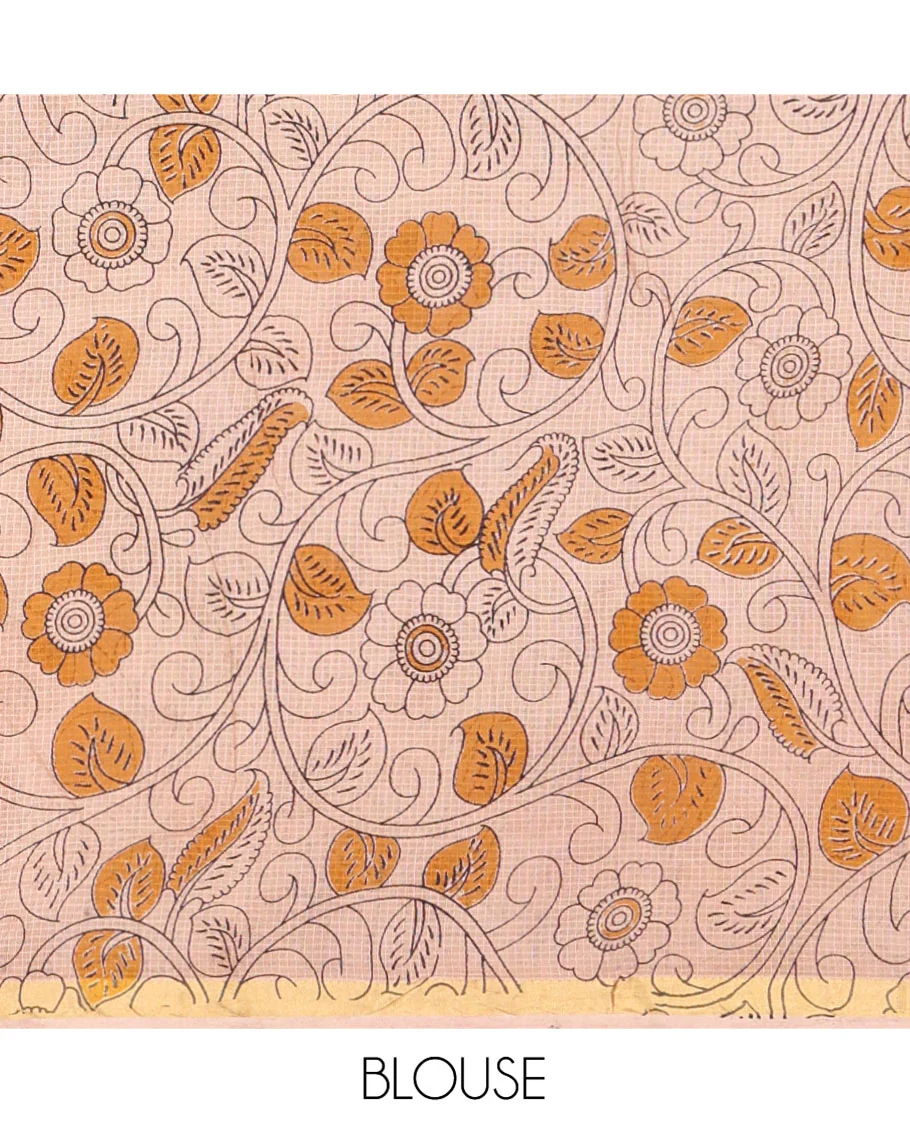 Maroon Kota Cotton Saree, Artfully Decked Up with Kalamkari-Style Human Figurines Printed on the Body, Subtle Piping Border, Pallu Pictures Kalamkari-Style Flora-Fauna Motifs, and Paired with a Contrast-Printed Blouse - Image 8