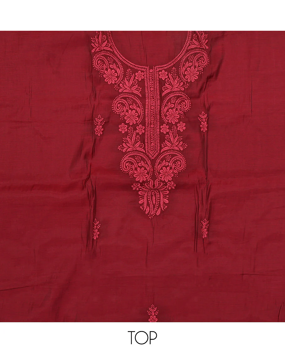 Maroon Material Chudidar Set, Subtly Woven with Lucknowi Chikankari-Style Floral-Leaf Neck Embroidery on Muslin Top, a Plain Santoon Bottom, and Paired with a Lucknowi Chikankari-Style Embroidered Muslin Scallop Dupatta - Image 2