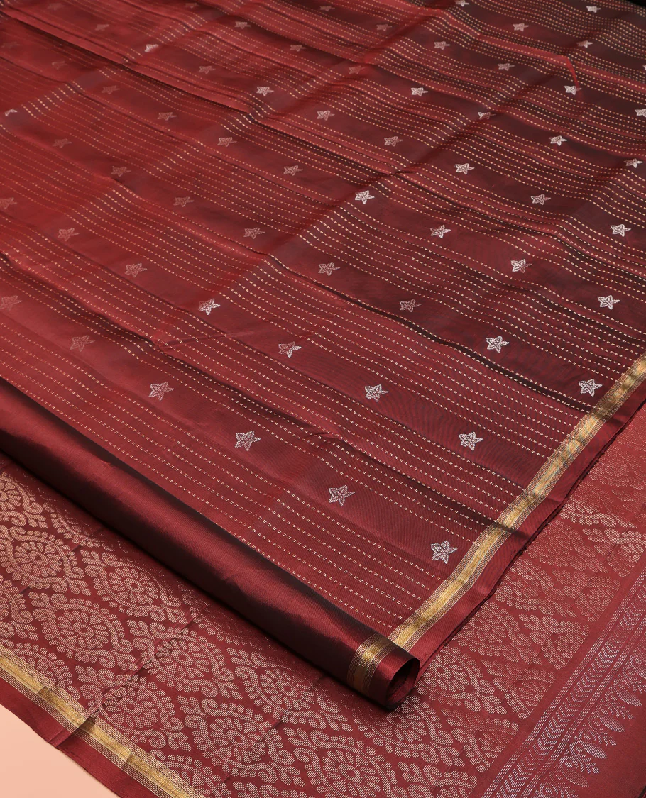 Maroon Mayuri Lite Silk Mix Saree, Adorned with Buttas and Muthu Stripes All Over Its Body, Highlighted by a Zari Border, Pallu of Intricate Designs, and Paired with a Matching Blouse - Image 2