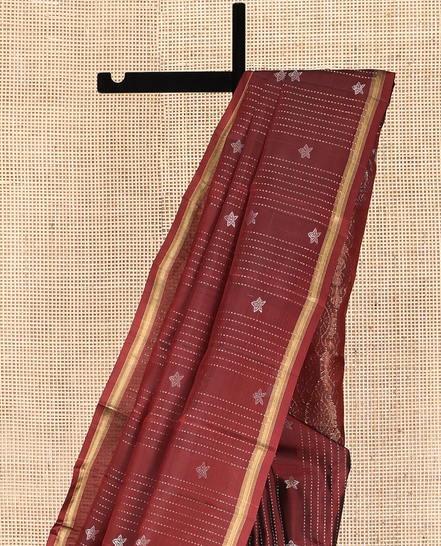 Maroon Mayuri Lite Silk Mix Saree, Adorned with Buttas and Muthu Stripes All Over Its Body, Highlighted by a Zari Border, Pallu of Intricate Designs, and Paired with a Matching Blouse - Image 3