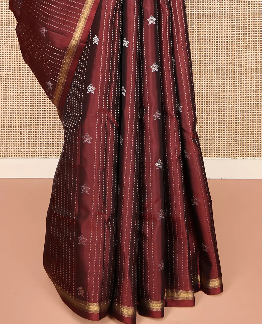 Maroon Mayuri Lite Silk Mix Saree, Adorned with Buttas and Muthu Stripes All Over Its Body, Highlighted by a Zari Border, Pallu of Intricate Designs, and Paired with a Matching Blouse - Image 4