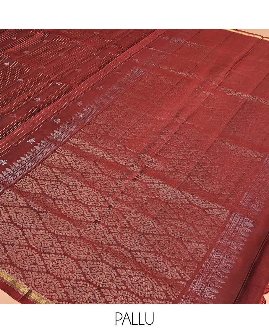 Maroon Mayuri Lite Silk Mix Saree, Adorned with Buttas and Muthu Stripes All Over Its Body, Highlighted by a Zari Border, Pallu of Intricate Designs, and Paired with a Matching Blouse - Image 5