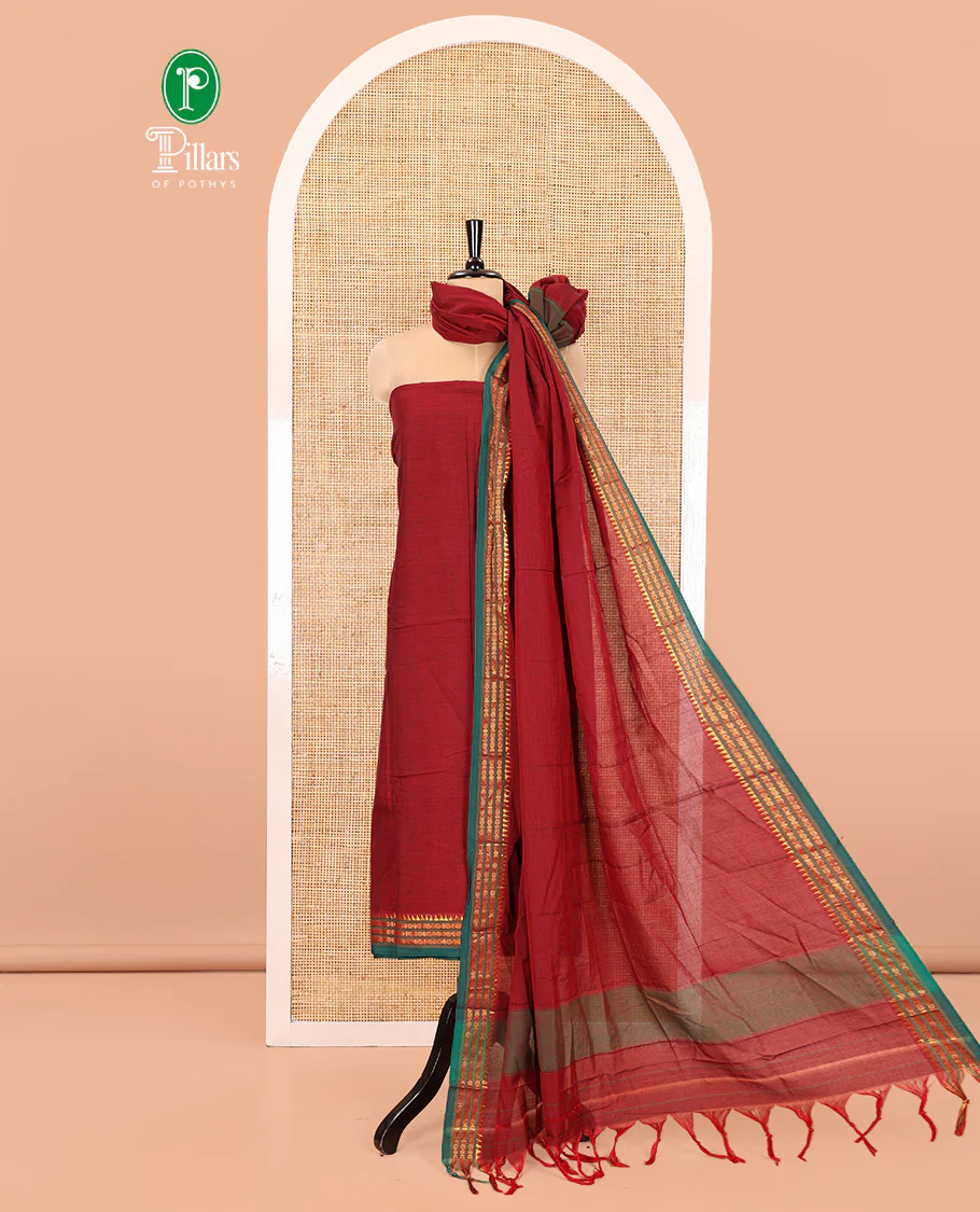 Maroon Mercerised Cotton Chudidar Set with Rudraksham Temple Border Top, Matching Cotton Bottom, and Coordinated Dupatta with Elegant Rudraksham Temple Border