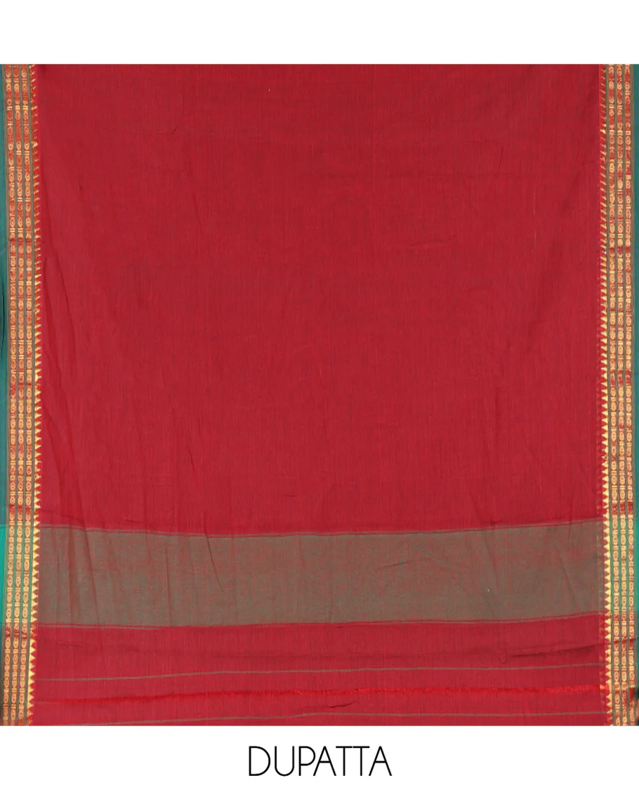 Maroon Mercerised Cotton Chudidar Set with Rudraksham Temple Border Top, Matching Cotton Bottom, and Coordinated Dupatta with Elegant Rudraksham Temple Border - Image 2