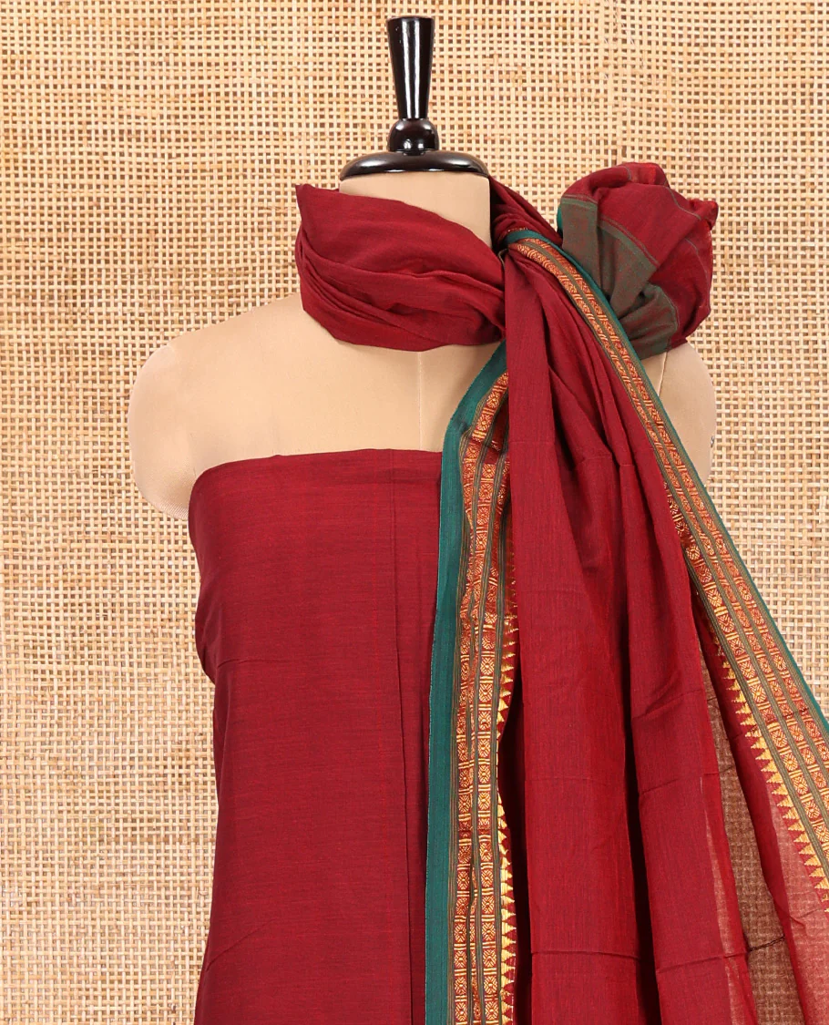 Maroon Mercerised Cotton Chudidar Set with Rudraksham Temple Border Top, Matching Cotton Bottom, and Coordinated Dupatta with Elegant Rudraksham Temple Border - Image 3