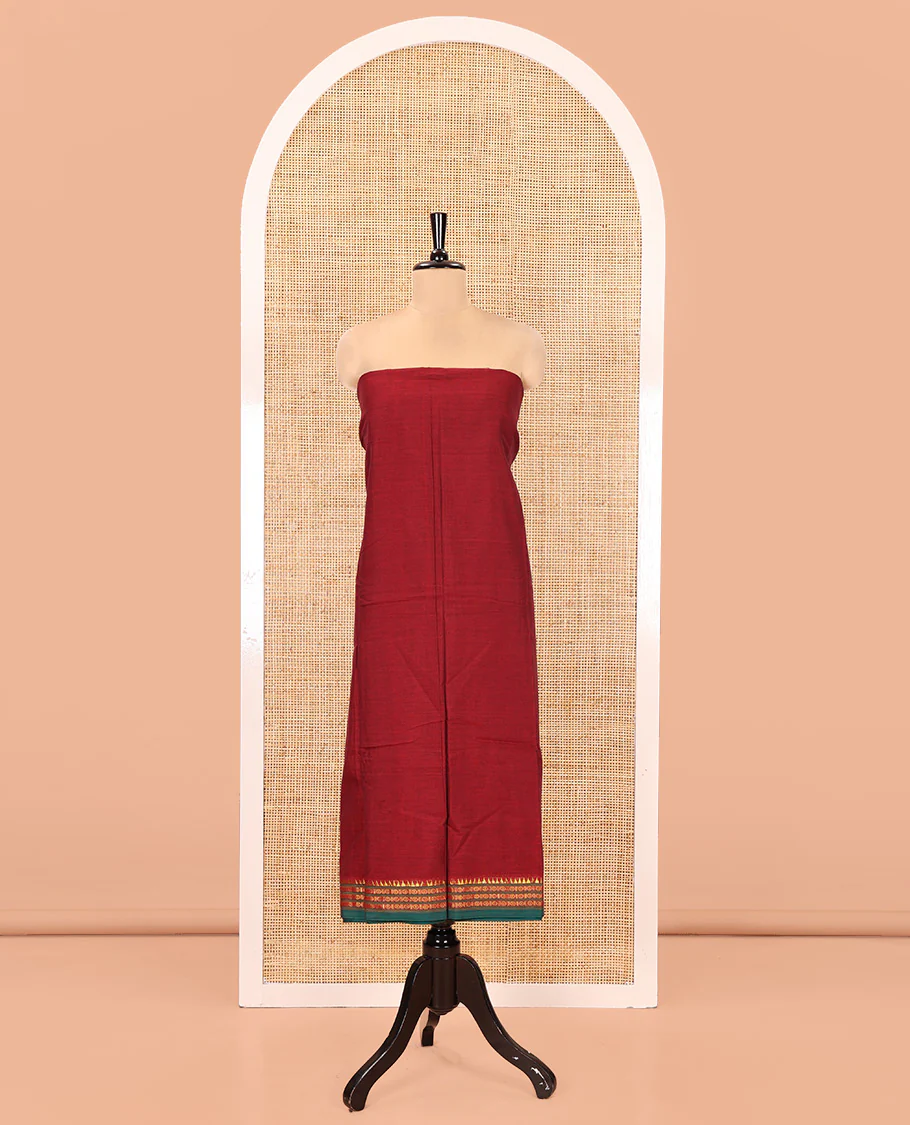 Maroon Mercerised Cotton Chudidar Set with Rudraksham Temple Border Top, Matching Cotton Bottom, and Coordinated Dupatta with Elegant Rudraksham Temple Border - Image 4