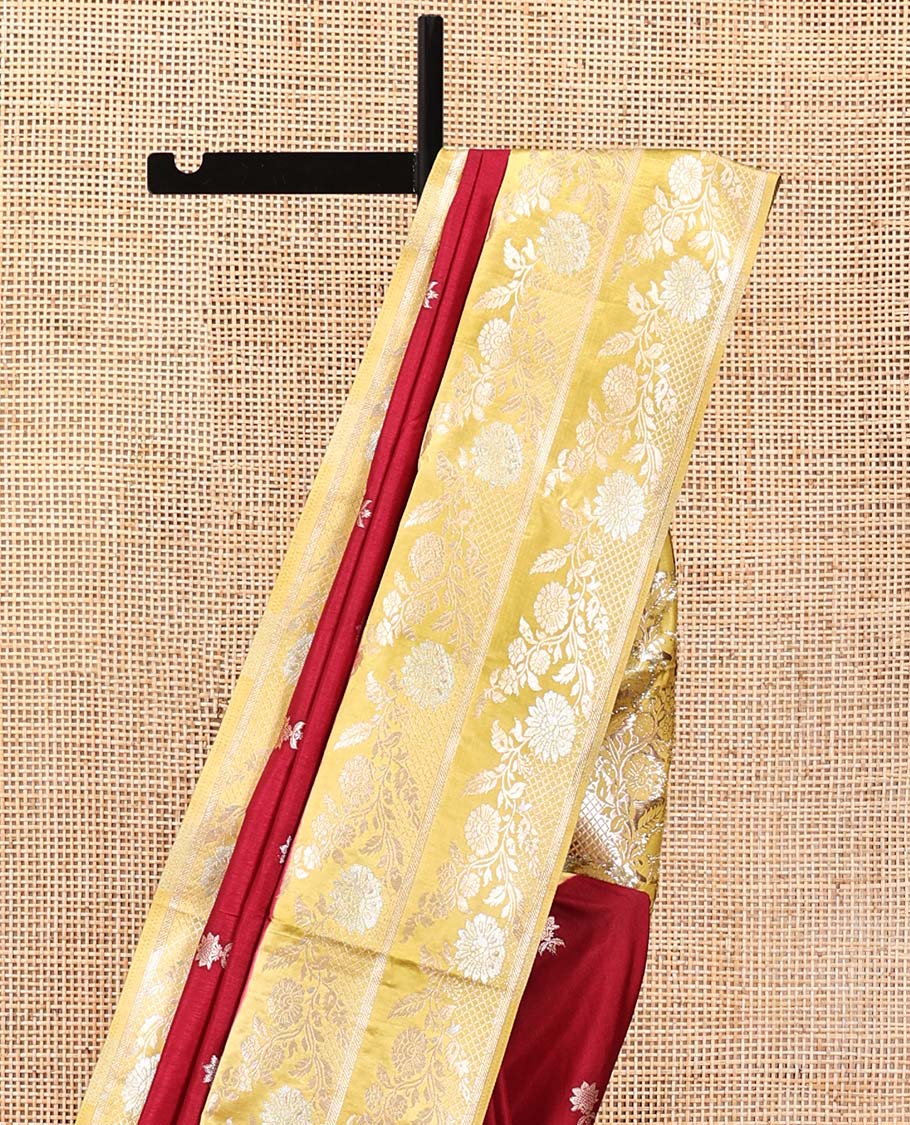 Maroon Mushuru Silk Saree, Elevated with Zari Buttas All Over Its Body, Complemented by Captivating Contrast Border of Floral Jaal Designs, Grandly Decked Up Pallu and Paired with a Contrast Blouse - Image 3