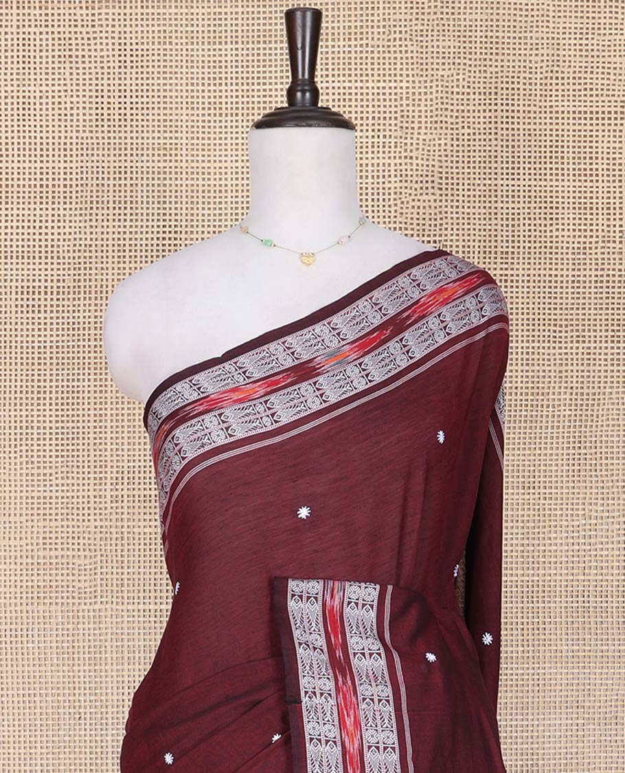Maroon Odisha Cotton Saree, Accentuated with Buttas All Over the Body, Subtle Self-Border Steeped with Fish Motifs, Captivating Contrast Pallu of Unique Designs, and Paired with a Contrast Blouse - Image 2