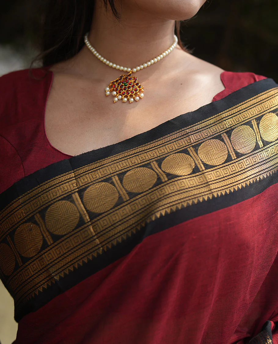 Maroon Plain Chettinad Cotton Saree, Complemented by a Contrast Rudraksham Design Traditional Zari  Border, Subtly Striped Pallu, and Paired with a Matching Blouse - Image 2
