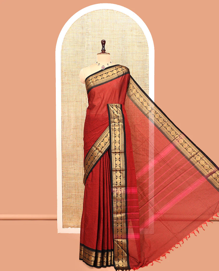 Maroon Plain Chettinad Cotton Saree, Complemented by a Contrast Rudraksham Design Traditional Zari  Border, Subtly Striped Pallu, and Paired with a Matching Blouse - Image 7