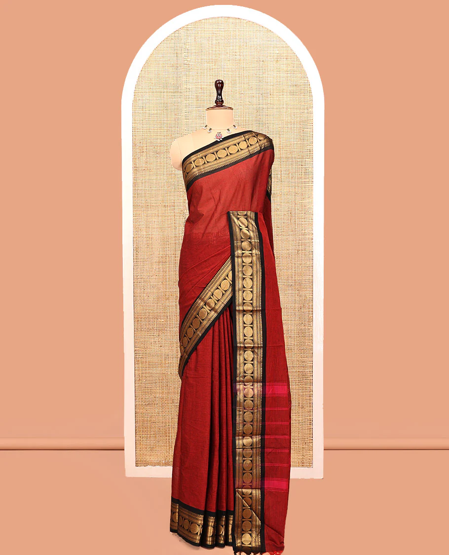 Maroon Plain Chettinad Cotton Saree, Complemented by a Contrast Rudraksham Design Traditional Zari  Border, Subtly Striped Pallu, and Paired with a Matching Blouse - Image 9