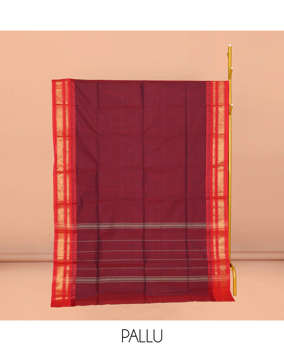 Maroon Plain Chettinad Cotton Saree, Complemented by a Contrast Traditional Zari Design Temple Border, Pallu of Stripes and Buttas, and Paired with a Matching Blouse - Image 2