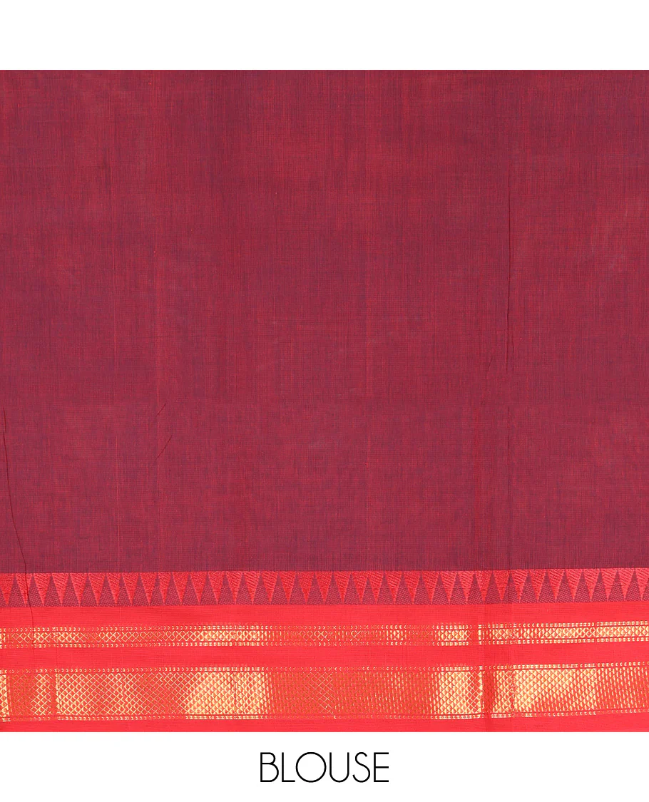 Maroon Plain Chettinad Cotton Saree, Complemented by a Contrast Traditional Zari Design Temple Border, Pallu of Stripes and Buttas, and Paired with a Matching Blouse - Image 3