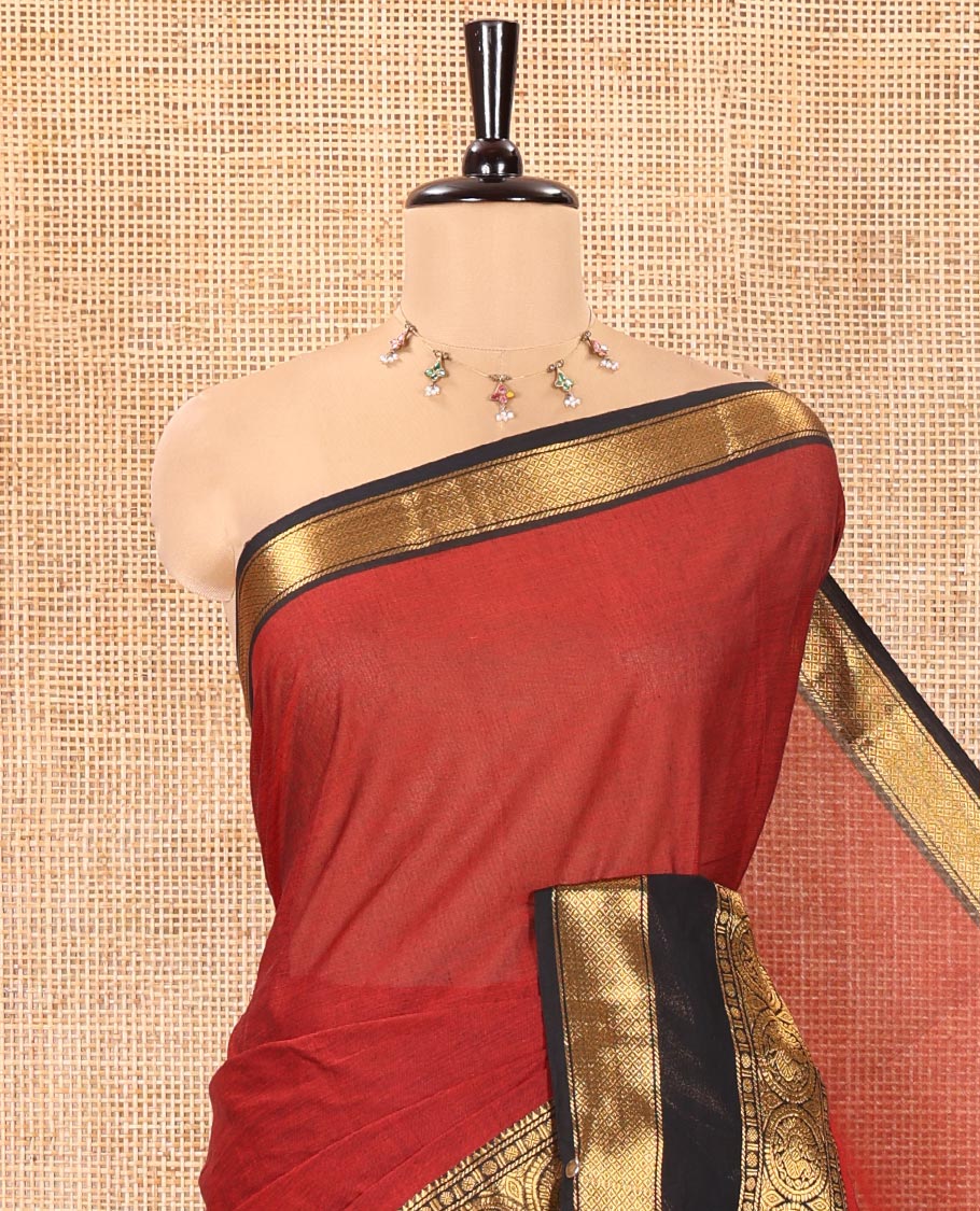 Maroon Plain Chettinad Cotton Saree, Complemented by Contrast Traditional Zari Border of Round Peacock Designs, Subtly Striped Pallu, and Paired with a Matching Blouse - Image 2