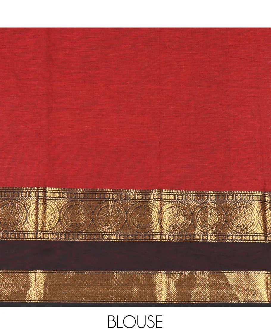 Maroon Plain Chettinad Cotton Saree, Complemented by Contrast Traditional Zari Border of Round Peacock Designs, Subtly Striped Pallu, and Paired with a Matching Blouse - Image 3