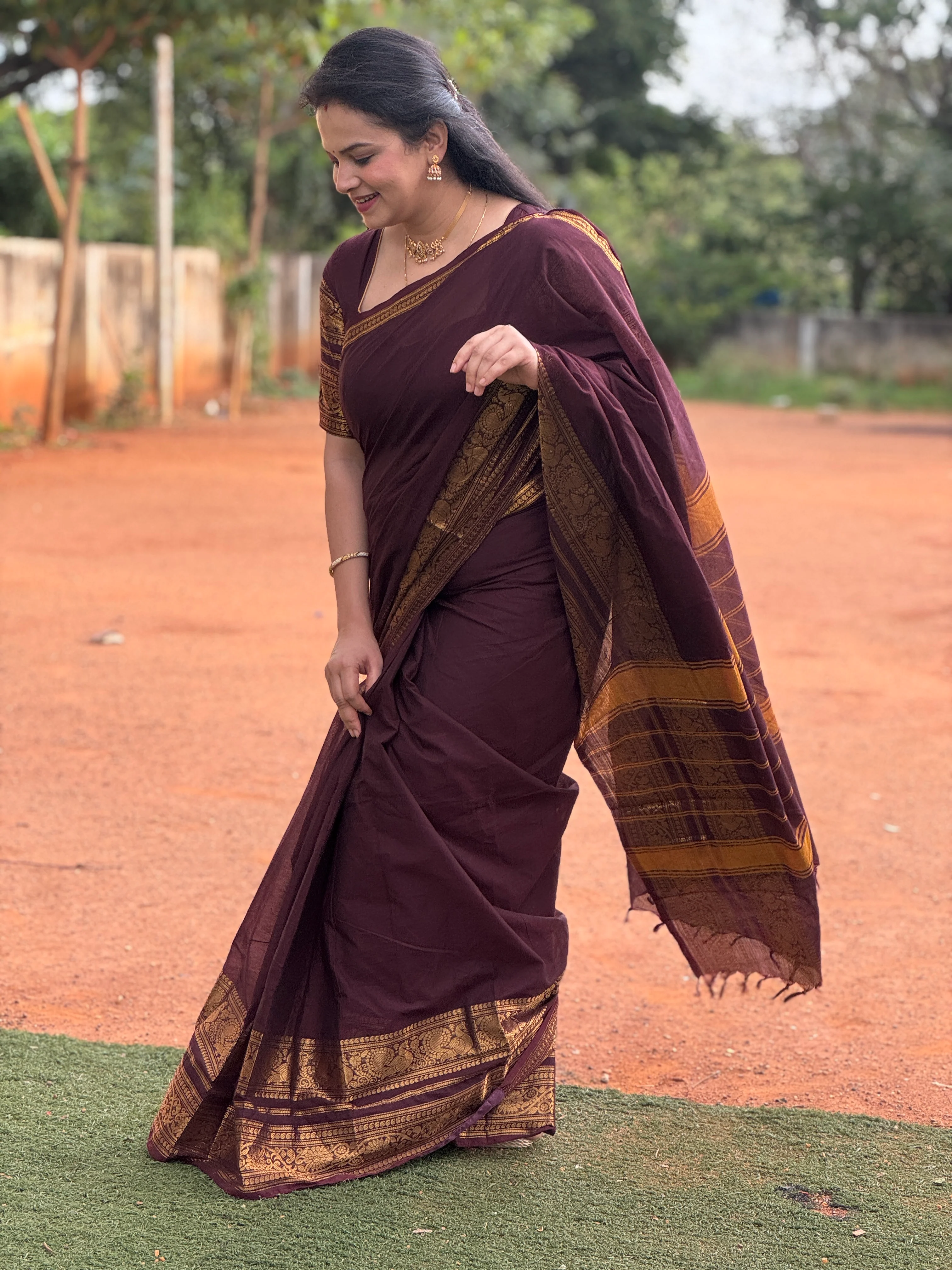 Maroon Plain Chettinad Cotton Saree, Highlighted by Self-Border of Traditional Zari Designs, Subtly Striped Pallu, and Paired with a Matching Blouse - Image 2