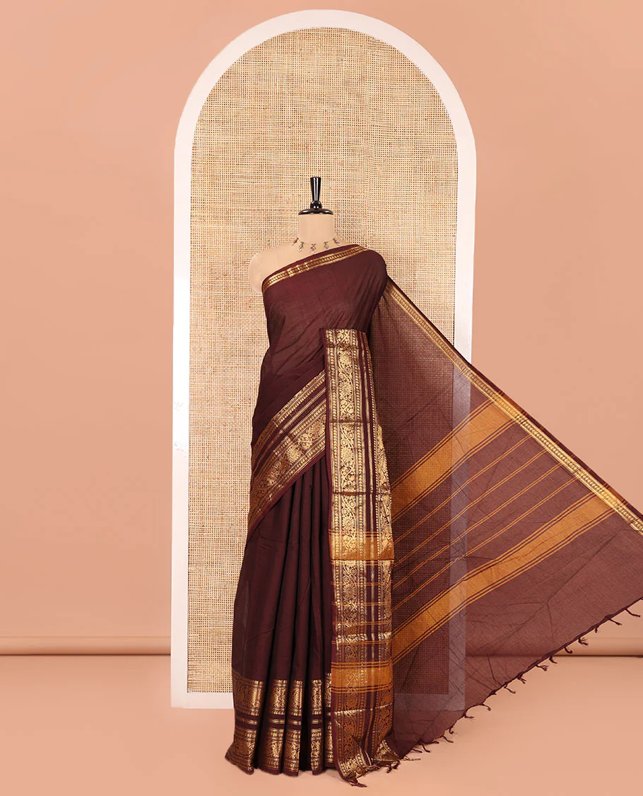 Maroon Plain Chettinad Cotton Saree, Highlighted by Self-Border of Traditional Zari Designs, Subtly Striped Pallu, and Paired with a Matching Blouse - Image 6