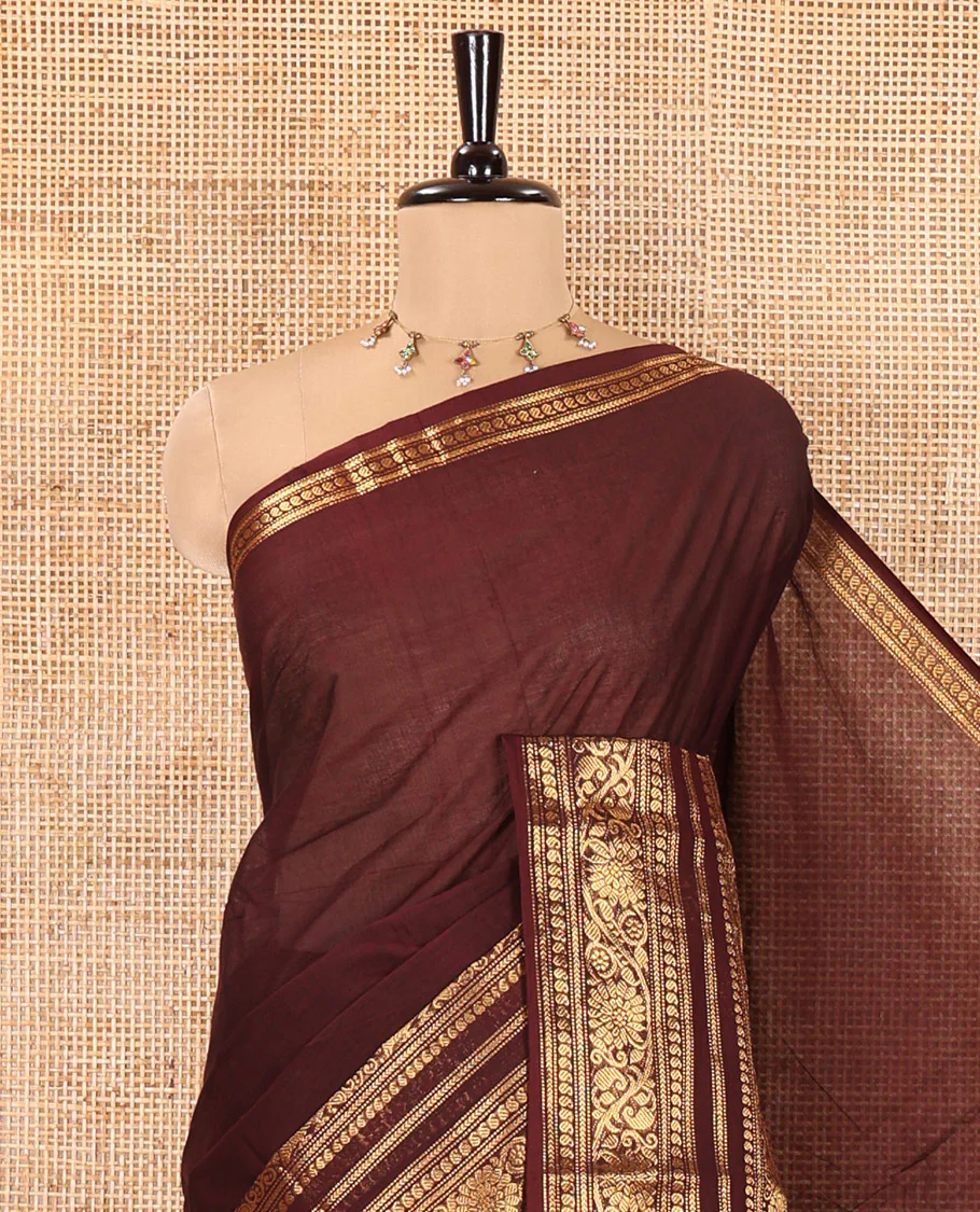 Maroon Plain Chettinad Cotton Saree, Highlighted by Self-Border of Traditional Zari Designs, Subtly Striped Pallu, and Paired with a Matching Blouse - Image 7
