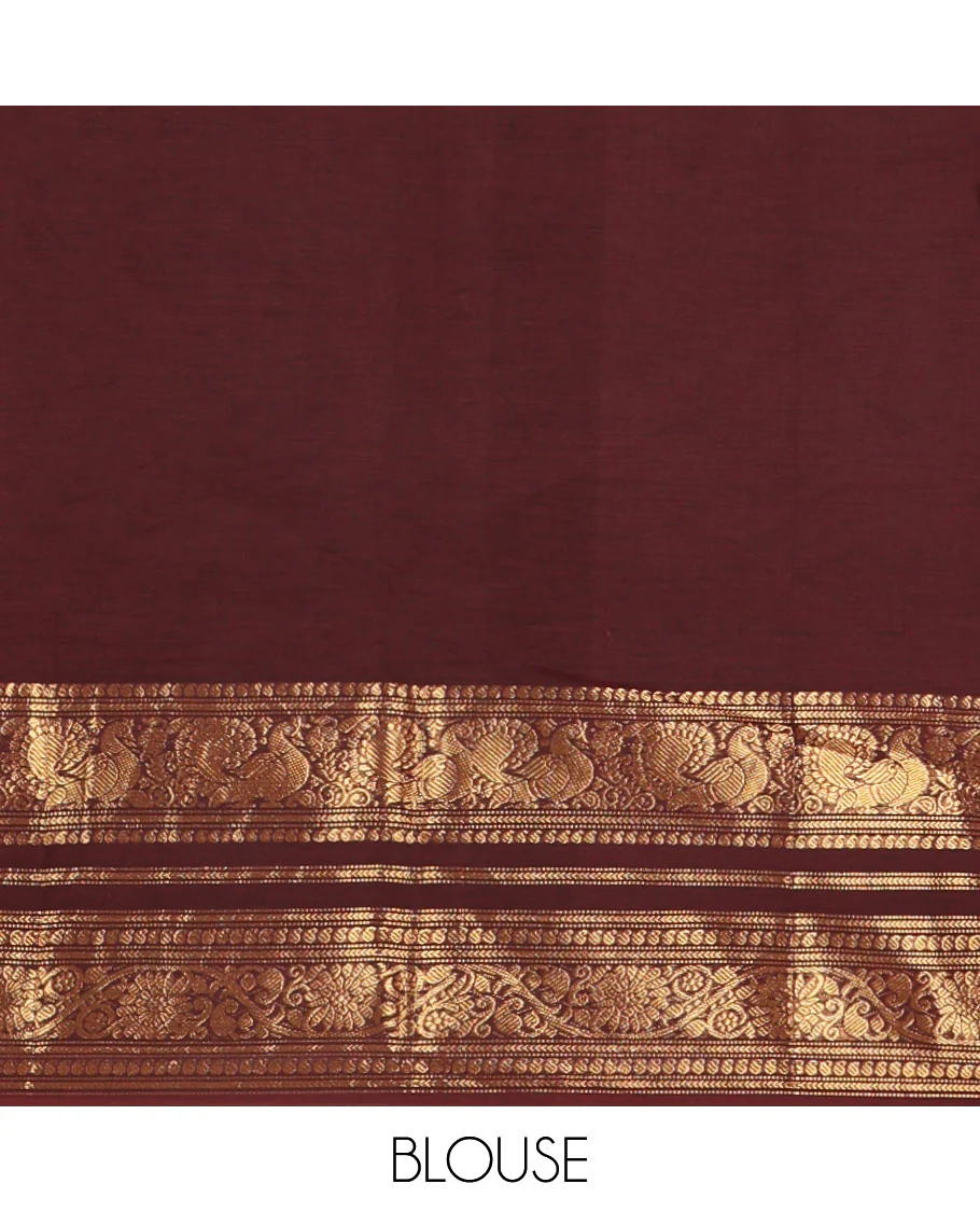 Maroon Plain Chettinad Cotton Saree, Highlighted by Self-Border of Traditional Zari Designs, Subtly Striped Pallu, and Paired with a Matching Blouse - Image 8