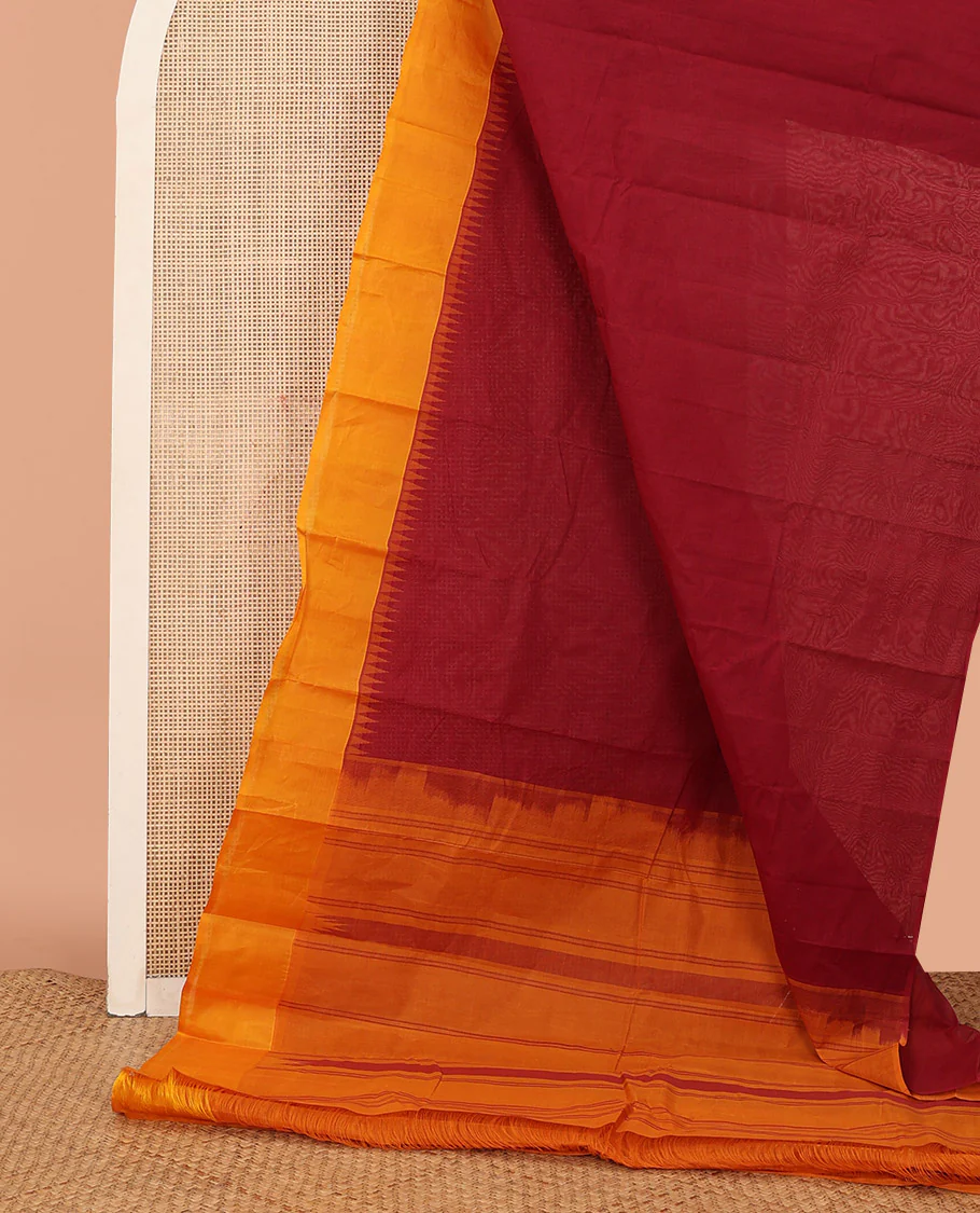 Maroon Plain Kanchi Cotton Saree, Complemented by a Contrast Temple Border, Subtly Striped Pallu, and Paired with a Contrast Blouse - Image 2