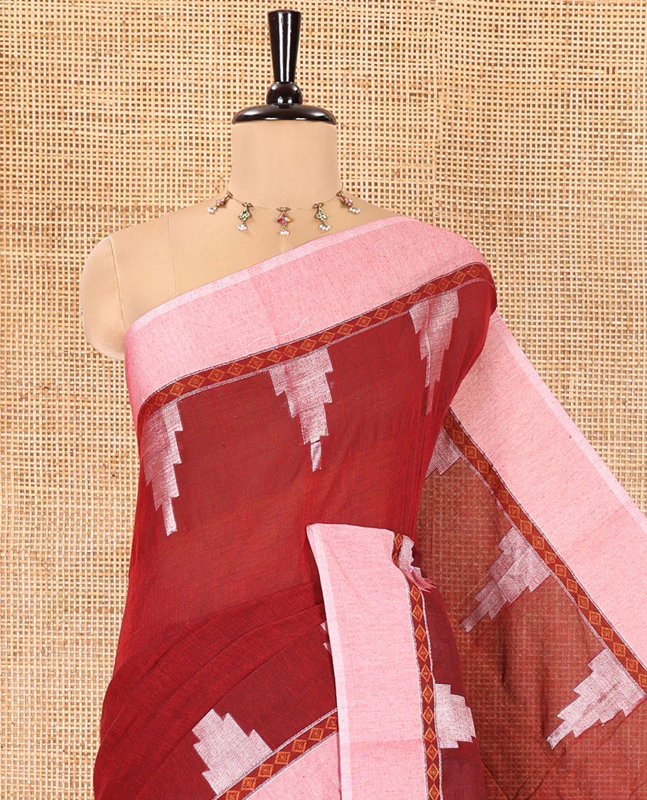 Maroon Plain Khadi Mul Cotton Saree, Complemented by a Contrast Temple Border, Textured Pallu of Temple Designs, and Paired with a Matching Blouse - Image 2