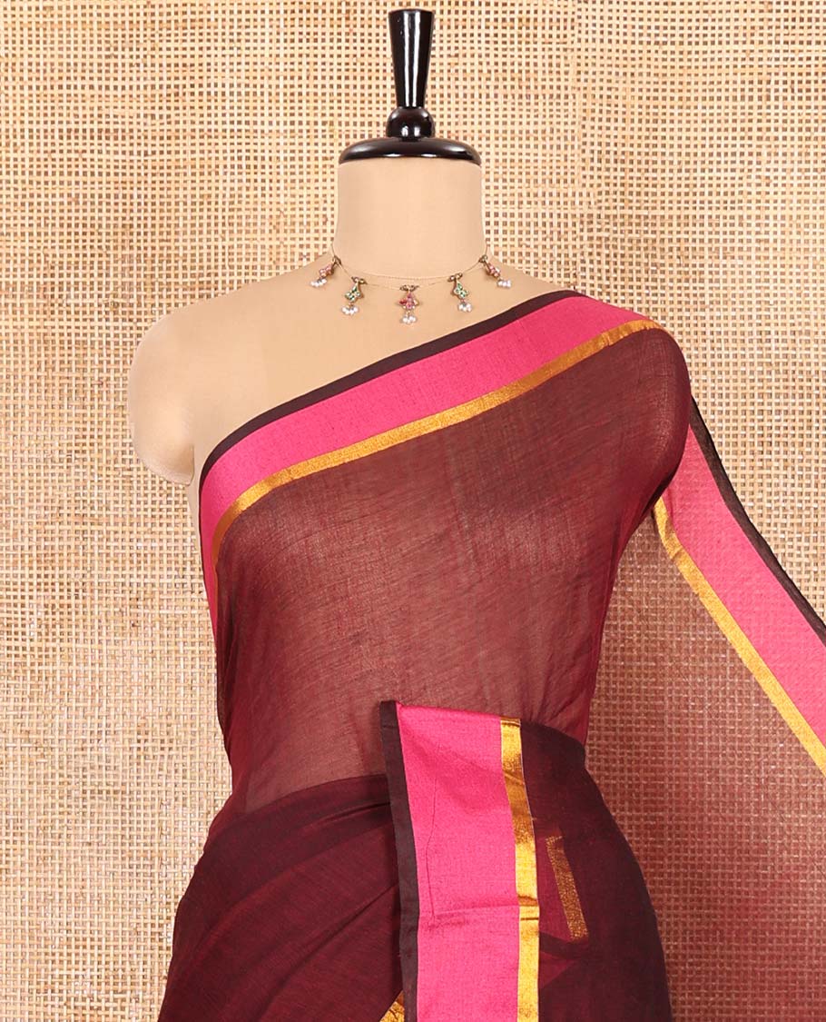Maroon Plain Khadi Mul Cotton Saree, Complemented by Contrast Zari Striped Border, Plain Pallu, and Paired with a Matching Blouse - Image 2