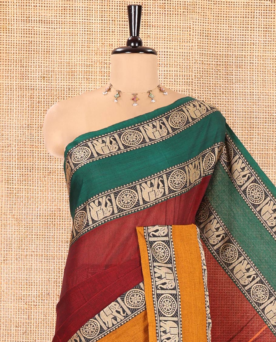 Maroon Plain Mercerised Cotton Saree, Complemented by a Contrast Ganga-Jamuna Rettai Pettu Thread Border of Temple, Elephant, and Chakram Designs, Subtly Striped Pallu, and Paired with a Matching Blouse - Image 2