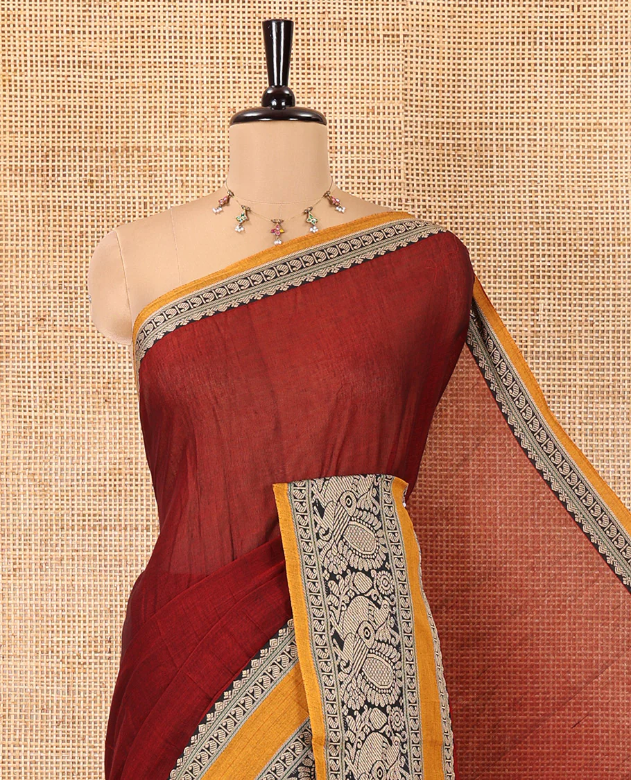 Maroon Plain Mercerised Cotton Saree, Complemented by a Contrast Rettai Pettu Border of Paisley, and Peacock Designs, Striped Pallu, and Paired with a Matching Blouse - Image 2