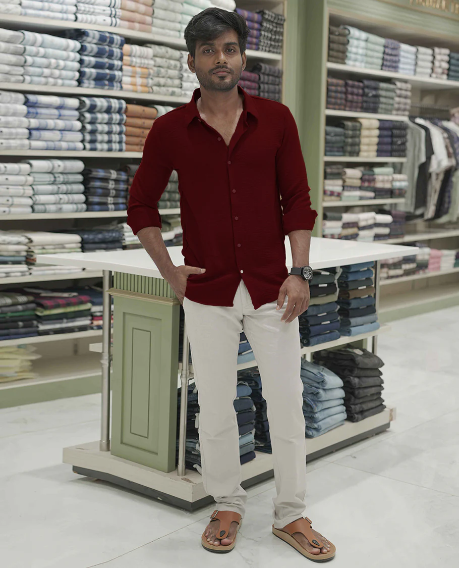 Maroon Plain Poly-Blend Casual Shirt, Comes with a Spread Collar, Full-Sleeves, Slim Fit, and Regular Length - Image 2