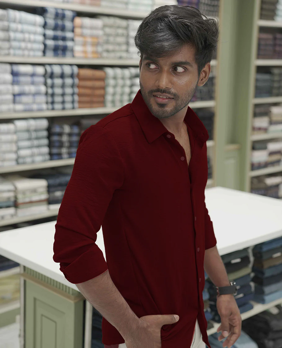 Maroon Plain Poly-Blend Casual Shirt, Comes with a Spread Collar, Full-Sleeves, Slim Fit, and Regular Length - Image 3