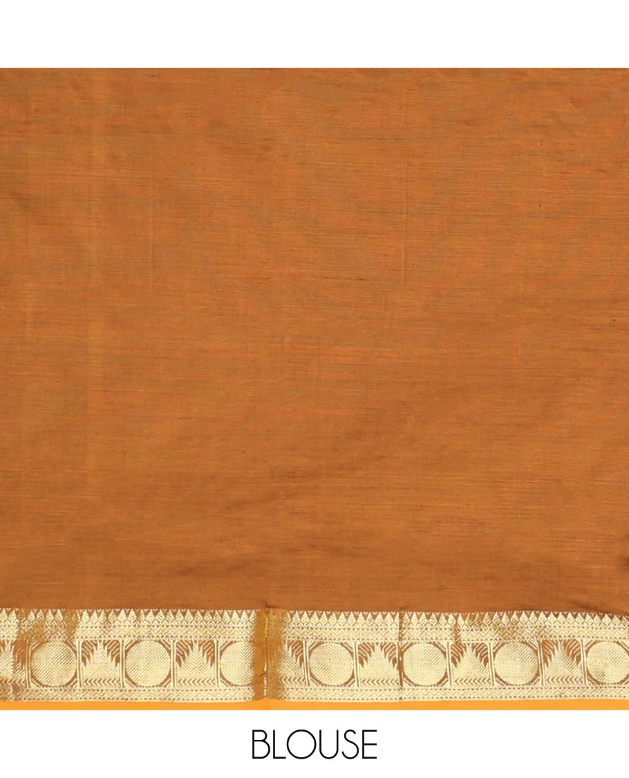 Maroon Plain Poly Cotton Saree, Complemented by a Contrast Traditional Zari Border of Temple and Rudraksham Designs, Contrast Striped Pallu, and Paired with a Contrast Blouse - Image 3