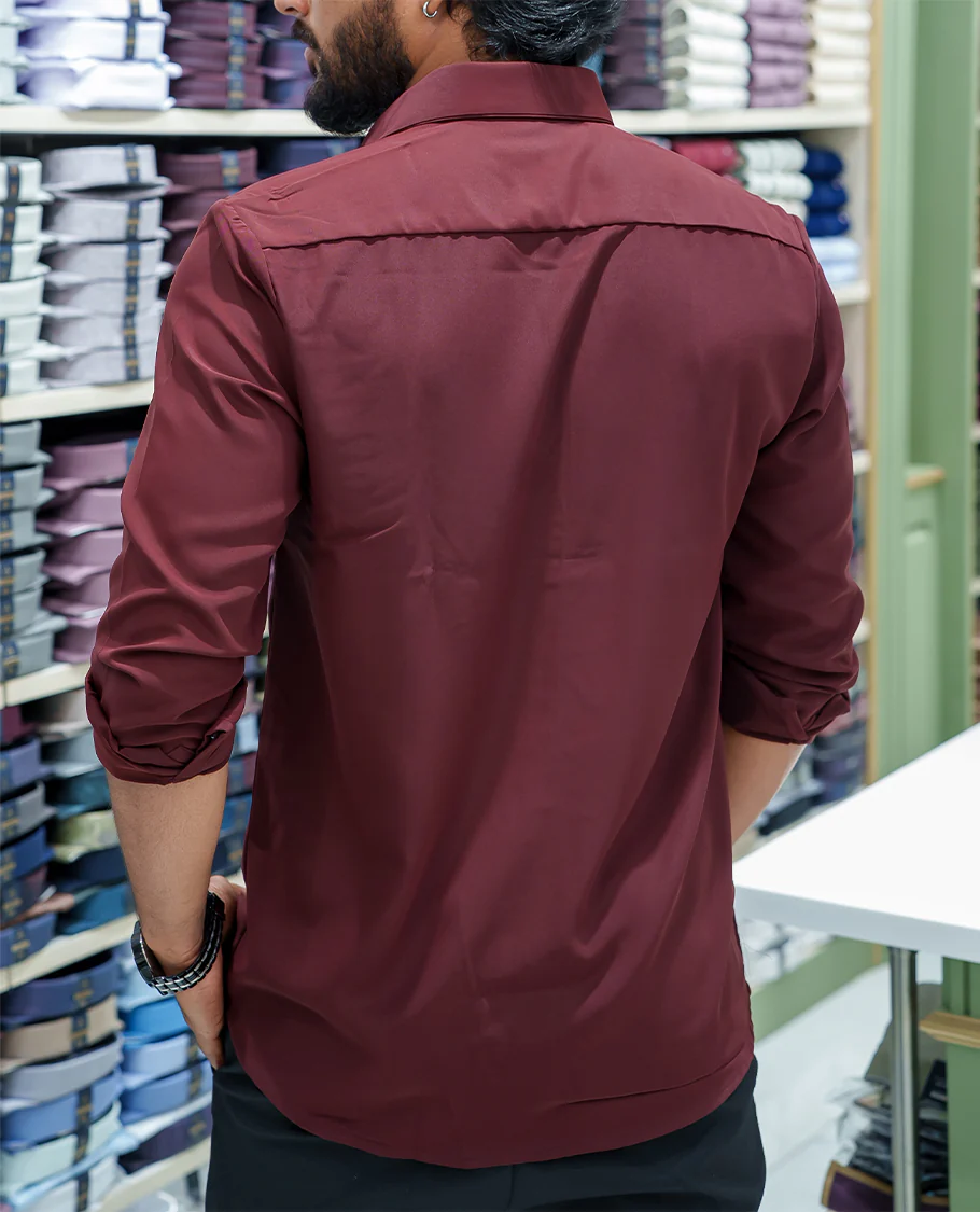 Maroon Poly Blended Party Wear Shirt, Decorated with Tree-Motif Embroidery, Featuring a Spread Collar, Full Sleeves, Slim Fit, and Regular Length - Image 5