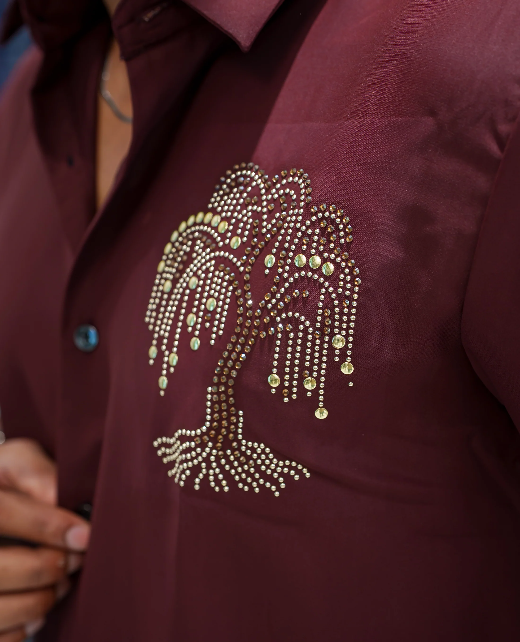 Maroon Poly Blended Party Wear Shirt, Decorated with Tree-Motif Embroidery, Featuring a Spread Collar, Full Sleeves, Slim Fit, and Regular Length - Image 6