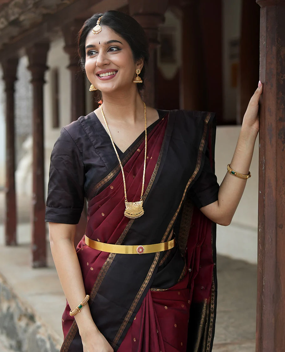 Maroon Poun Buttas Vasundhara Silk Saree, Contrast Rettai Pettu Border of Rekku, Neli, and Rudraksham Designs, and Zari-Rich Intricate Pallu - Image 3