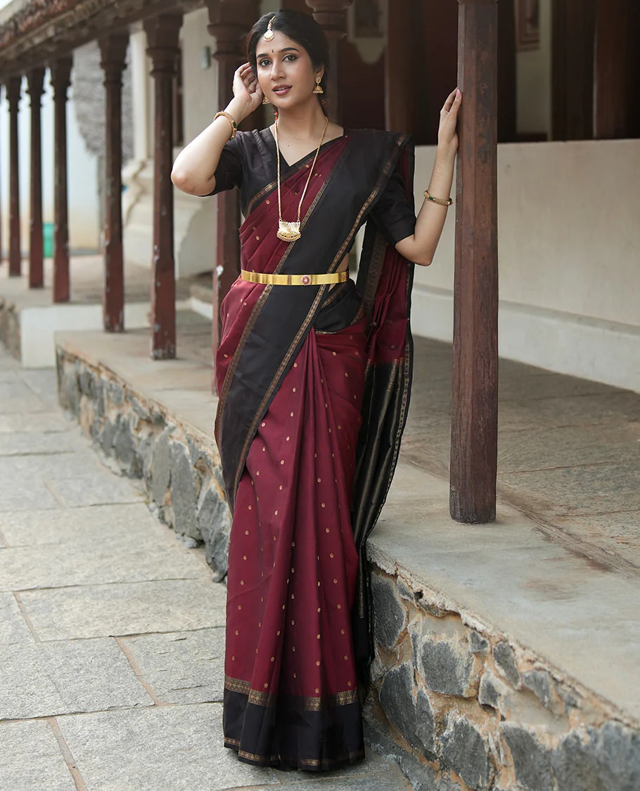 Maroon Poun Buttas Vasundhara Silk Saree, Contrast Rettai Pettu Border of Rekku, Neli, and Rudraksham Designs, and Zari-Rich Intricate Pallu - Image 4