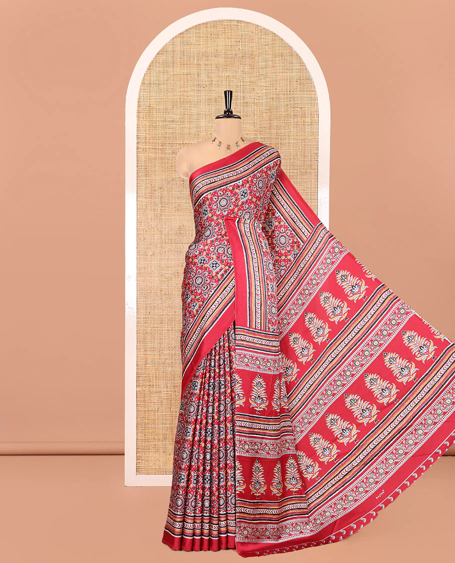 Maroon Satin Crepe Saree, Accentuated with Intricately Ajrakh Print All Over Its Body, a Self-Border, Ajrakh Printed Pallu, and Paired with a Matching Blouse