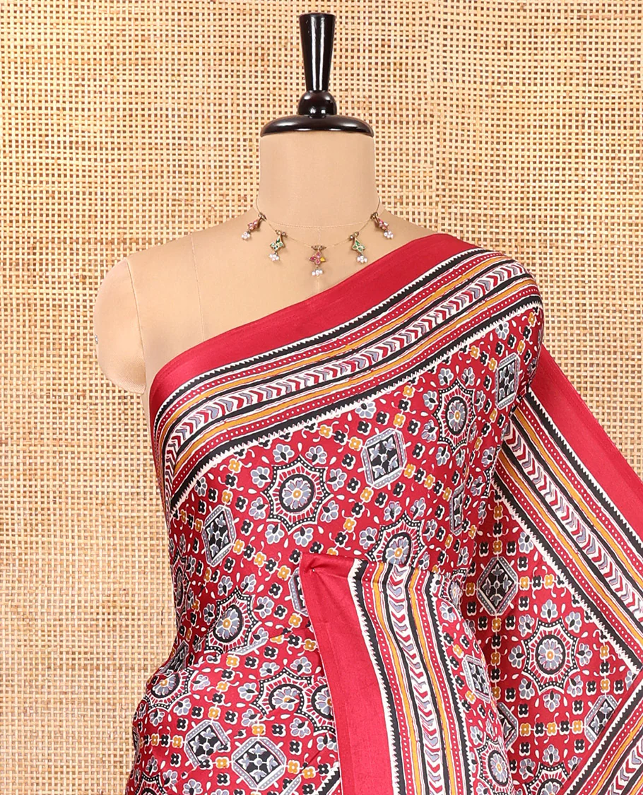 Maroon Satin Crepe Saree, Accentuated with Intricately Ajrakh Print All Over Its Body, a Self-Border, Ajrakh Printed Pallu, and Paired with a Matching Blouse - Image 2