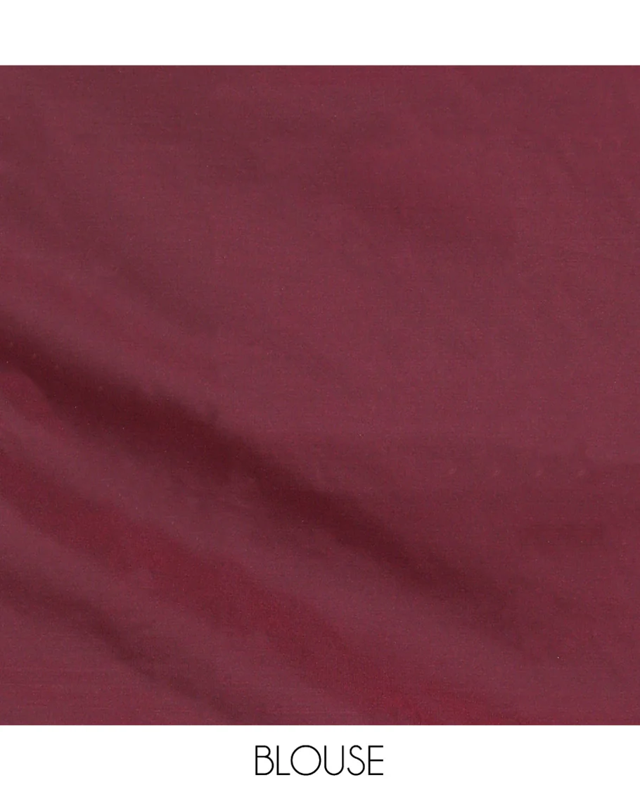 Maroon Semi-Banaras Silk Saree, Impeccably Detailed with Animal-themed Jacquard Designs on Its Body, Highlighted by a Zari Border of Traditional Designs, Pallu Steeped with Stripes, and Paired with a Matching Blouse - Image 5