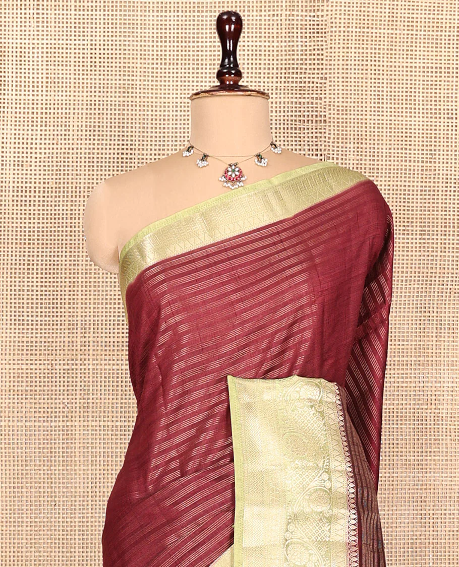 Maroon Semi-Banarasi Dupion Saree, Detailed with Stripes, a Contrast Floral Creeper Zari Border, Striped Pallu, and a Contrast Blouse - Image 2