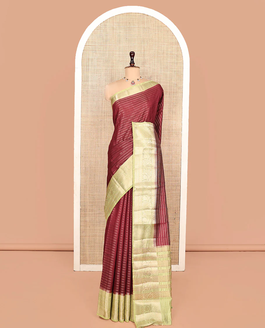 Maroon Semi-Banarasi Dupion Saree, Detailed with Stripes, a Contrast Floral Creeper Zari Border, Striped Pallu, and a Contrast Blouse - Image 3