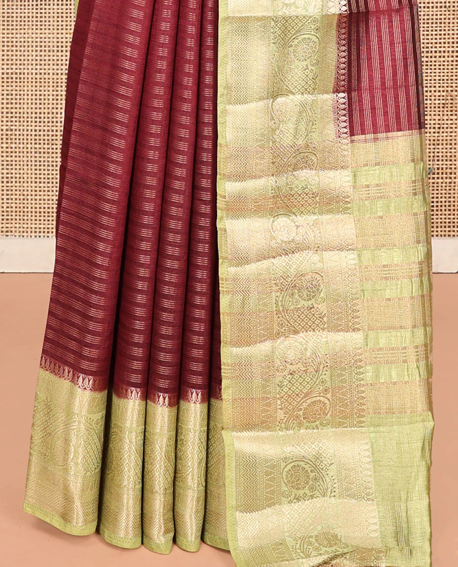 Maroon Semi-Banarasi Dupion Saree, Detailed with Stripes, a Contrast Floral Creeper Zari Border, Striped Pallu, and a Contrast Blouse - Image 4