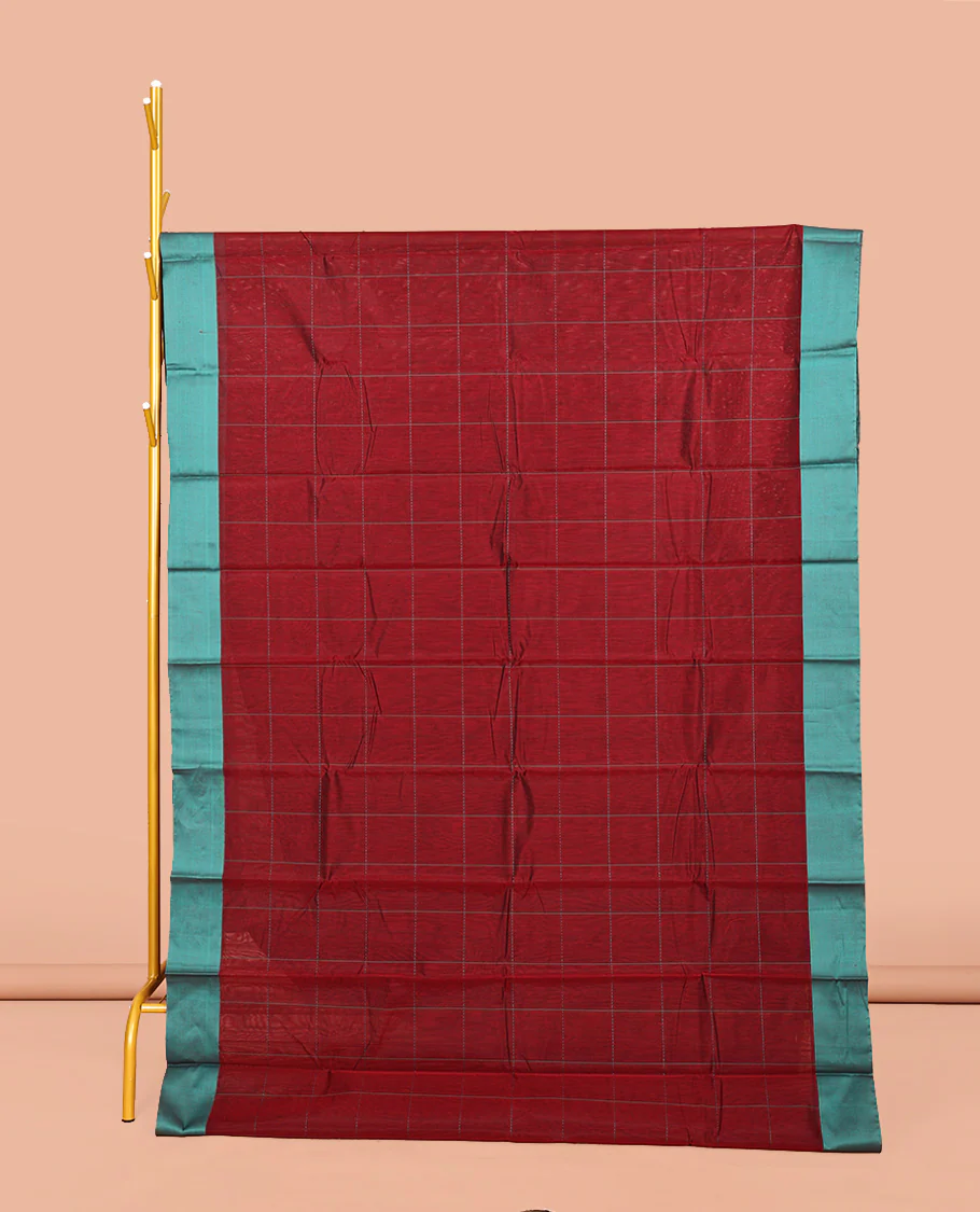Maroon Semi-Silk Cotton Saree, Sparsely Sparkled with Checks All Over Its Body, Complemented by a Contrast Border, Contrast Pallu, and Paired with a Contrast Blouse
