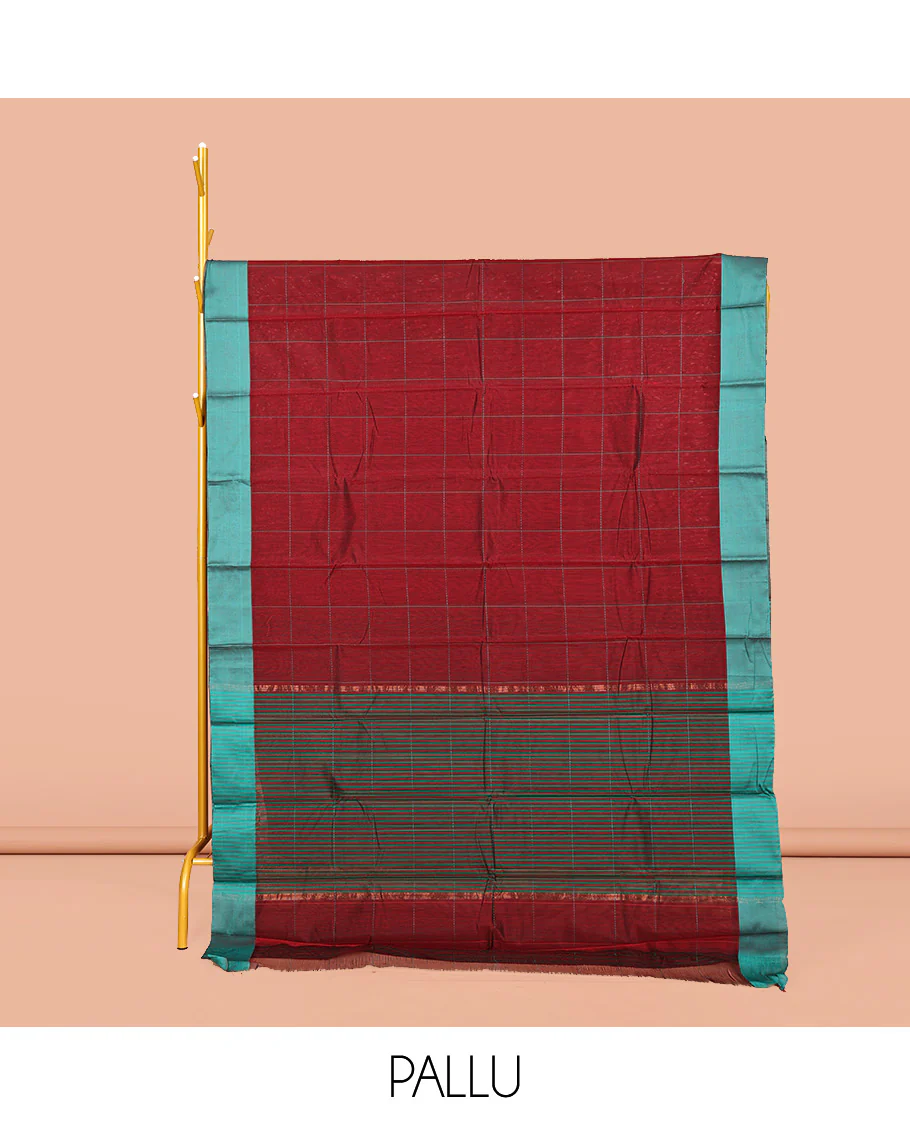 Maroon Semi-Silk Cotton Saree, Sparsely Sparkled with Checks All Over Its Body, Complemented by a Contrast Border, Contrast Pallu, and Paired with a Contrast Blouse - Image 2