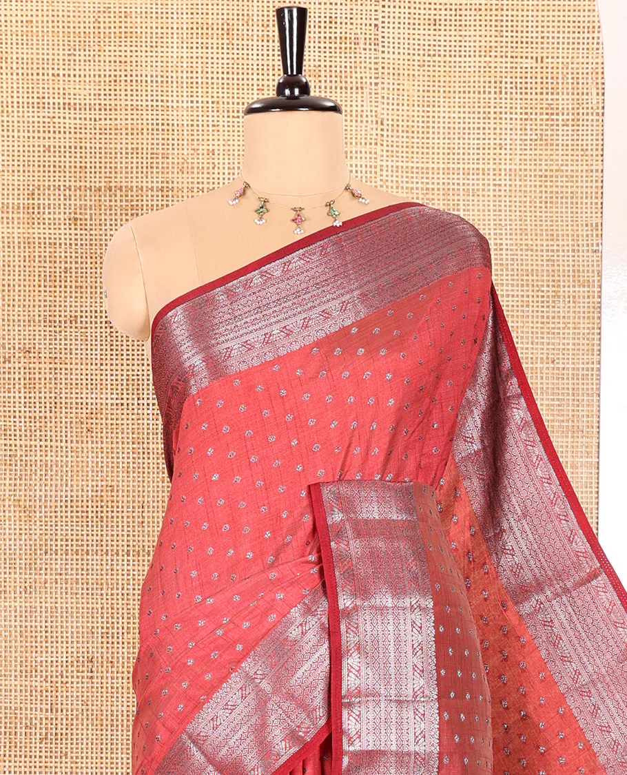 Maroon Semi Tussar Saree Elevated with Zari Buttas All Over the Body, a Hazily Woven Border of Traditional Designs, Pallu Steeped with Zari Buttas and Zari Stripes, and Paired with a Matching Blouse - Image 2
