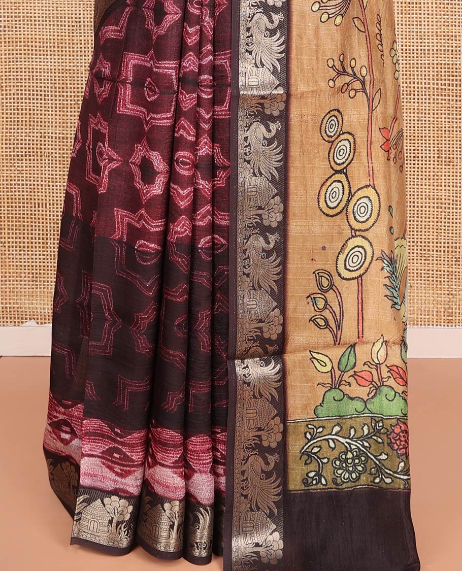 Maroon Semi-Tussar Saree Gracefully Printed with Geometric and Abstrast Print, Complemented by a Zari Border, Contrast Pallu of Ancient Characters Print, and Paired with a Contrast Printed Blouse - Image 4