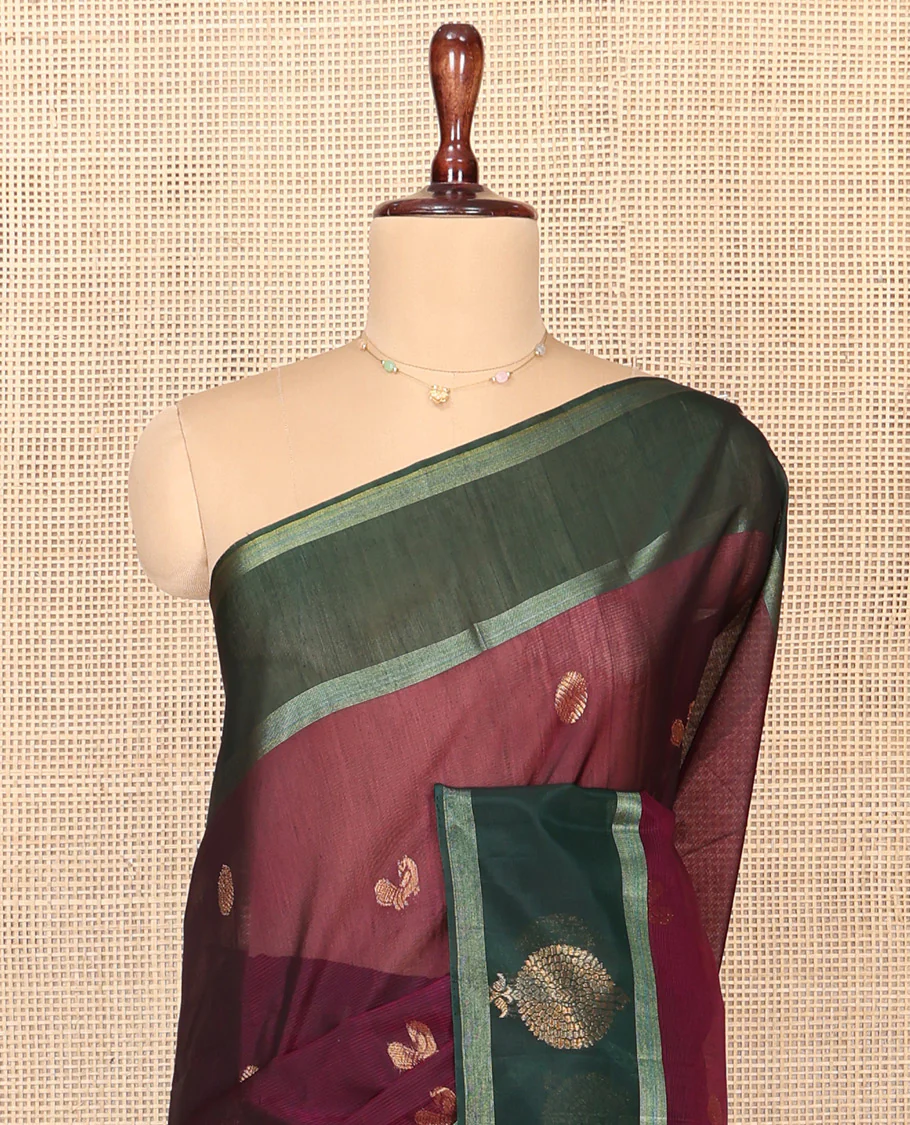 Maroon Silk Cotton Saree, Artfully Woven with Peacock and Rudraksham Motifs On Its Body, Complemented by Contrast Zari Motifs Woven Border, Geometric Zari Patterned Pallu and Paired with a Contrast Blouse - Image 2